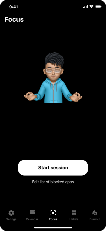 Tjime Focus mode showing Start session and edit blocked apps